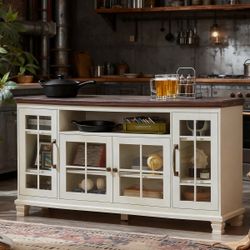 Cream Wood Sideboard with Glass Door Cabinets