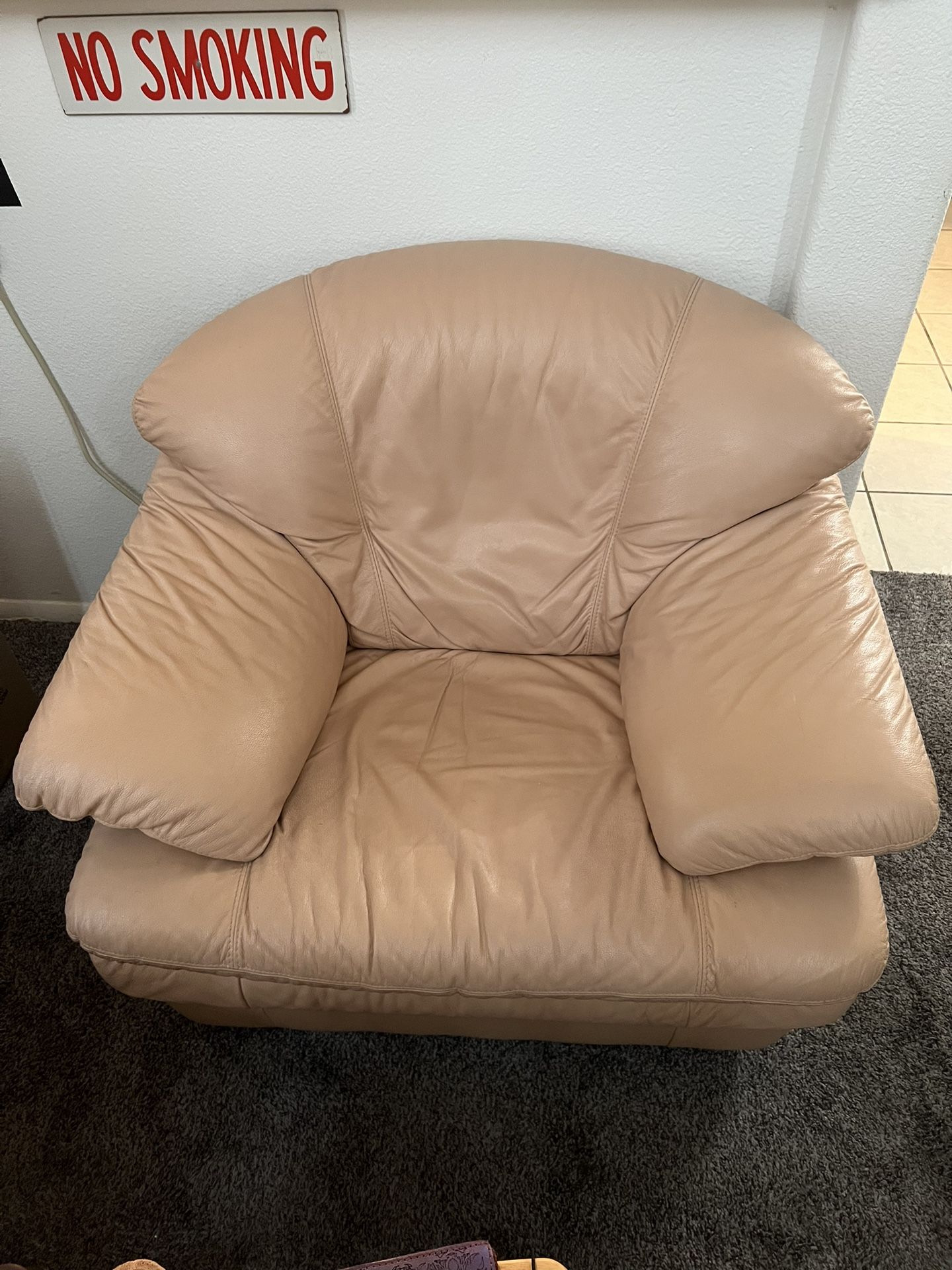 Natuzzi Beige Italian Leather Arm Chair w/Ottoman