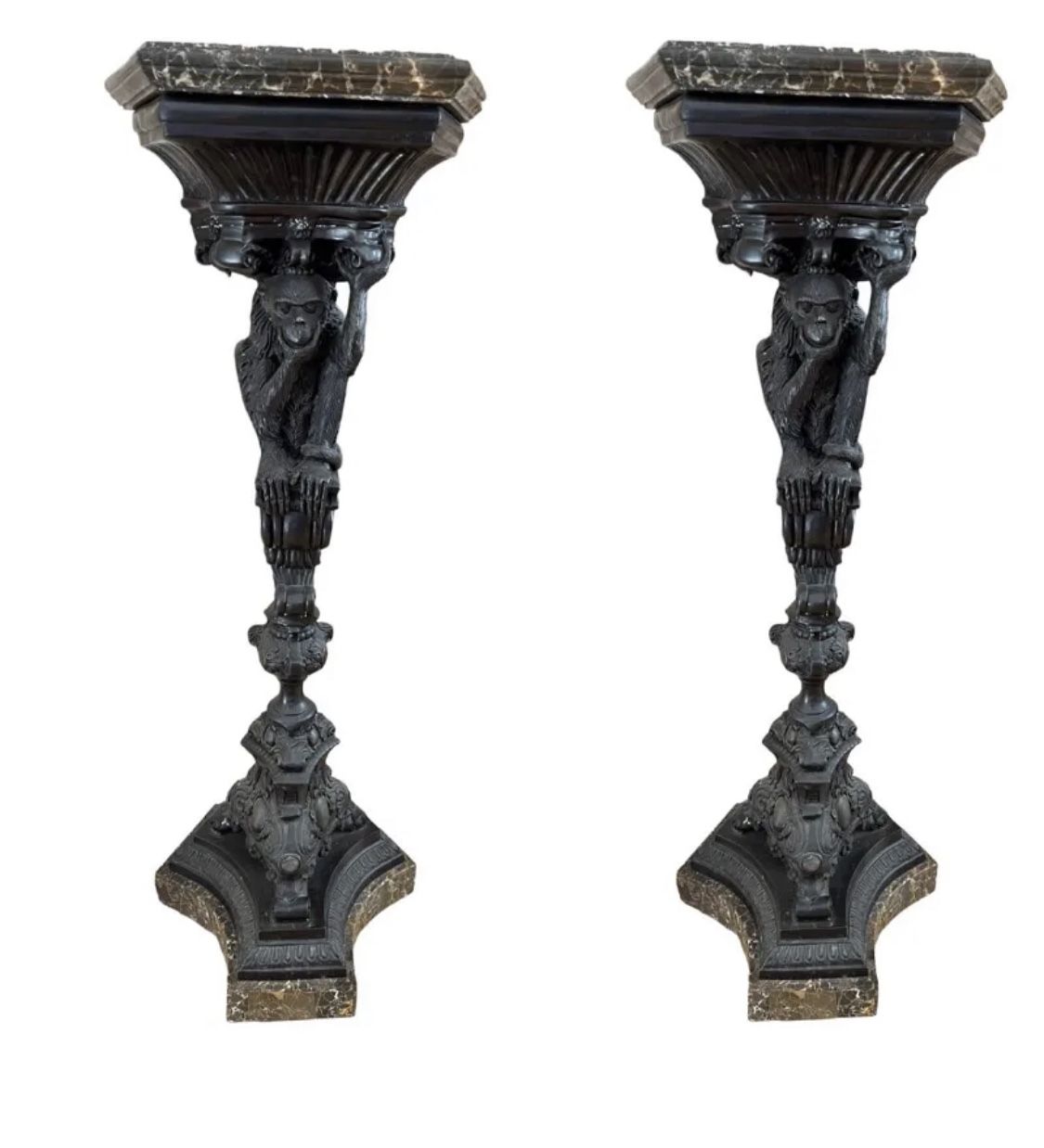 Pair of Large Monkeys Bronze Pedestals Sculpture With Marble Top