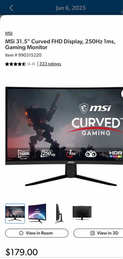 MSi 31.5" Curved FHD Display, 250Hz 1ms, Gaming Monitor
