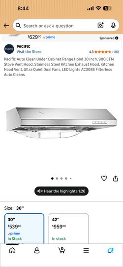 Pacific 30 inch Stainless Steel Auto Clean Range Hood