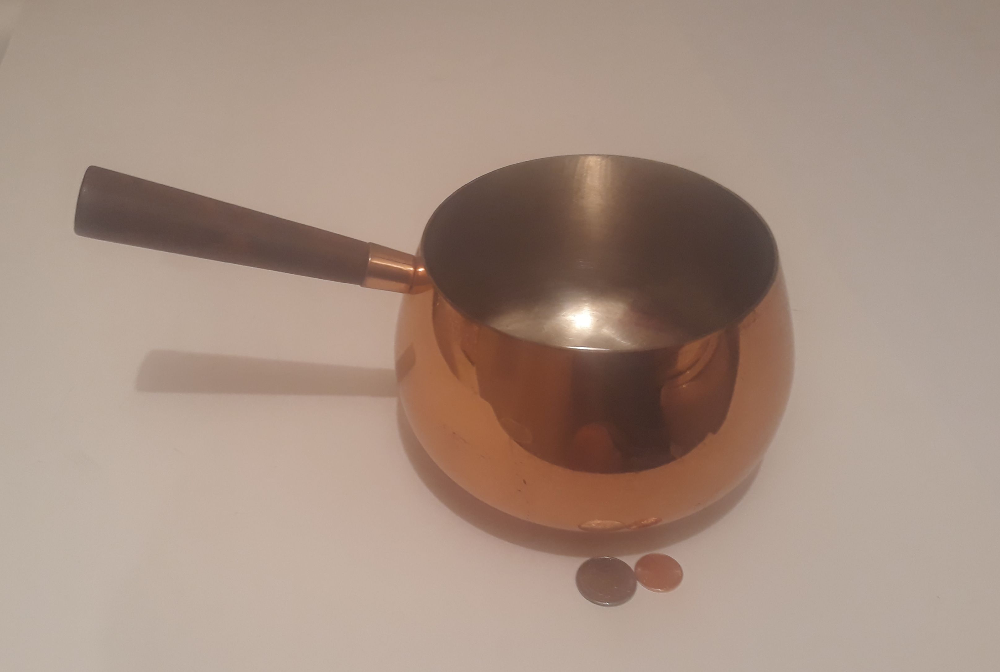 Vintage Copper Metal Cooking Pot with Wooden Handle, 10" Long, and 6" x 4" Pot Size, Kitchen Decor, Shelf Display, Cooking,