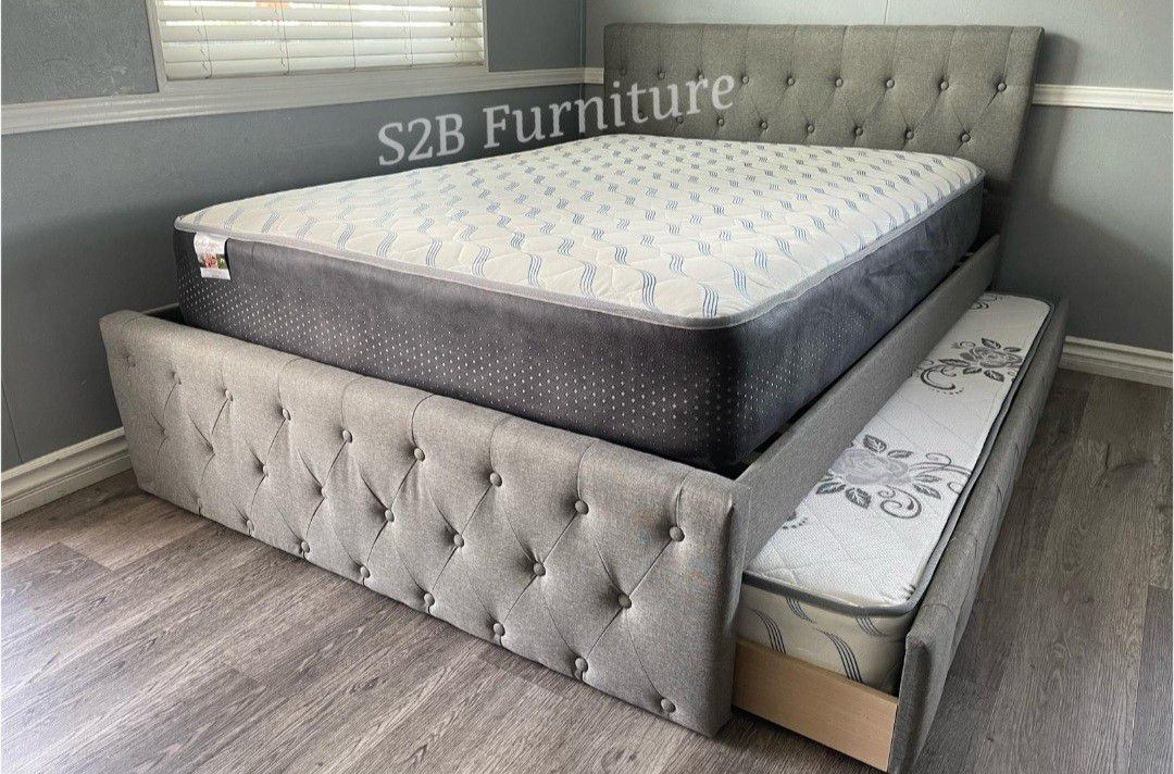 Full Twin Grey Frenchi Trundle Bed With Ortho Matres!