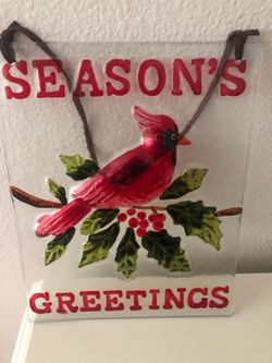 Cardinal glass Seasons Greetings for hanging or for stand.