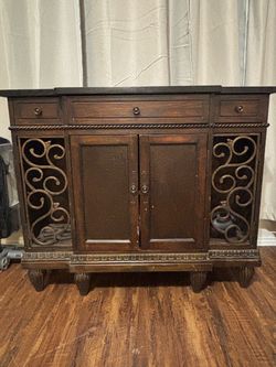 Dark Wood Sideboard Cabinet with Scroll Ironwork