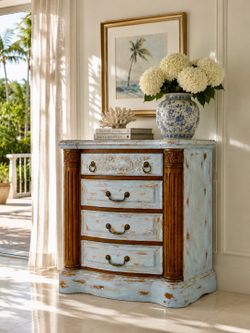 Hand-Painted 4-Drawer Dresser – Distressed Aqua & Wood Finish
