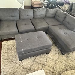 Charcoal Linen Couch With Silver Studs