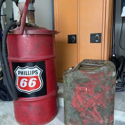 Vintage Gasoline Products! Grease Dispenser And Gas Canister! 