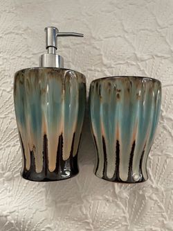 Ceramic Teal Blue Creme Brown Black Soap Lotion Dispenser & Cup