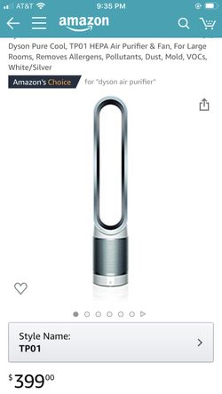 Dyson Pure Cool, TP01 HEPA Air Purifier & Fan, For Large Rooms, Removes Allergens, Pollutants, Dust, Mold, VOCs, White/Silver