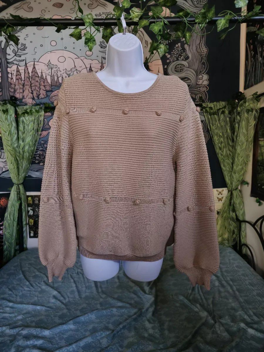 Unique Beige Balloon Sleeve Pompom Knit Long Sleeve Sweater Small