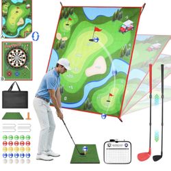 2-in-1 Golf Chipping Game Set – 4.5 x 6 FT Practice Mat with Clubs & Balls