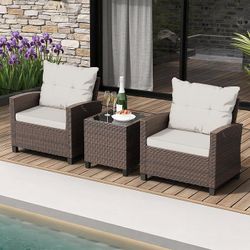 3 Pieces Patio Furniture Set, PE Rattan Wicker 3 Pcs Patio Set, Outdoor Furniture Set with Two Outdoor Chairs and Table, Conversation Set for Garden, 