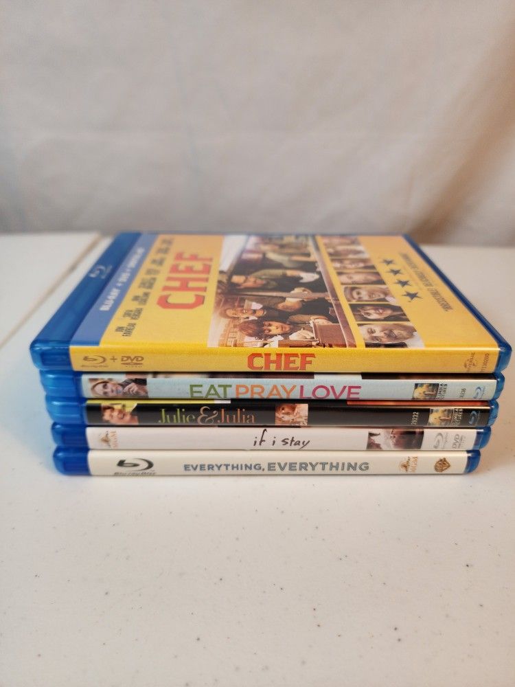 Blu Ray Lot of 5 Chef/ Eat Pray Love/ Julie Julia/ If I Stay/ Everything Everything. Excellent condition.