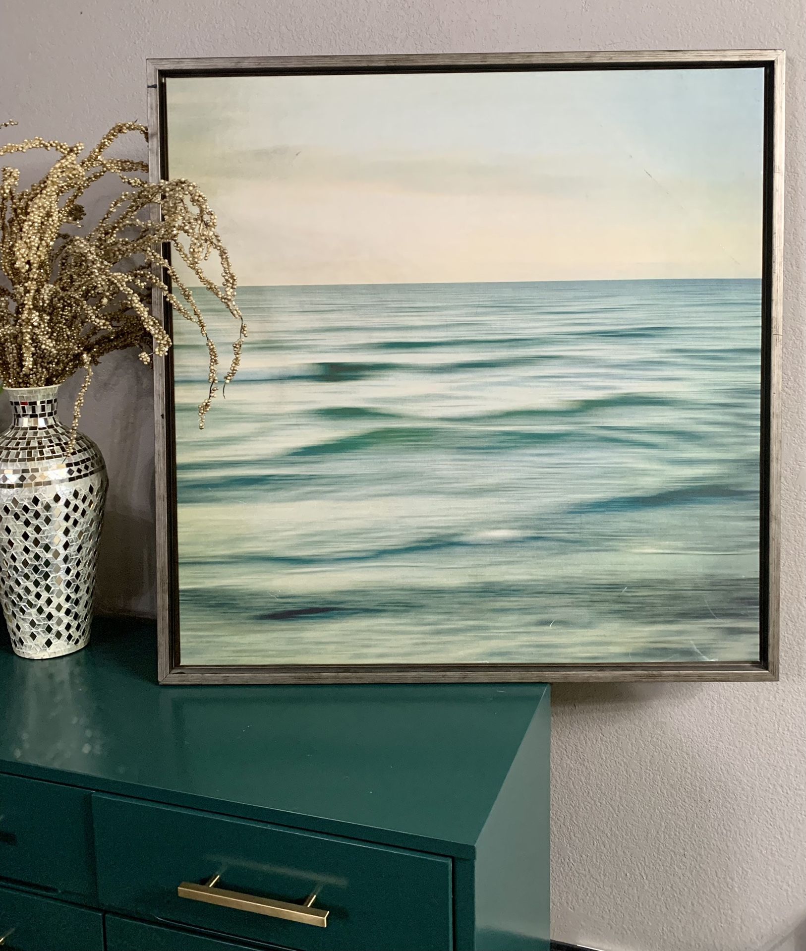 Beautiful Blue/Green Abstract Waves canvas painting with a champagne gold frame 37in X 37in