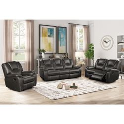 3PC GRAY Breathable Air Leather Manual Recliners Sofa Set