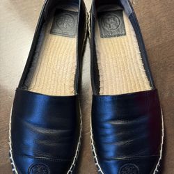  Tory Burch Black Leather Logo Cap Toe Espadrille Flats Size 8  Originally $299