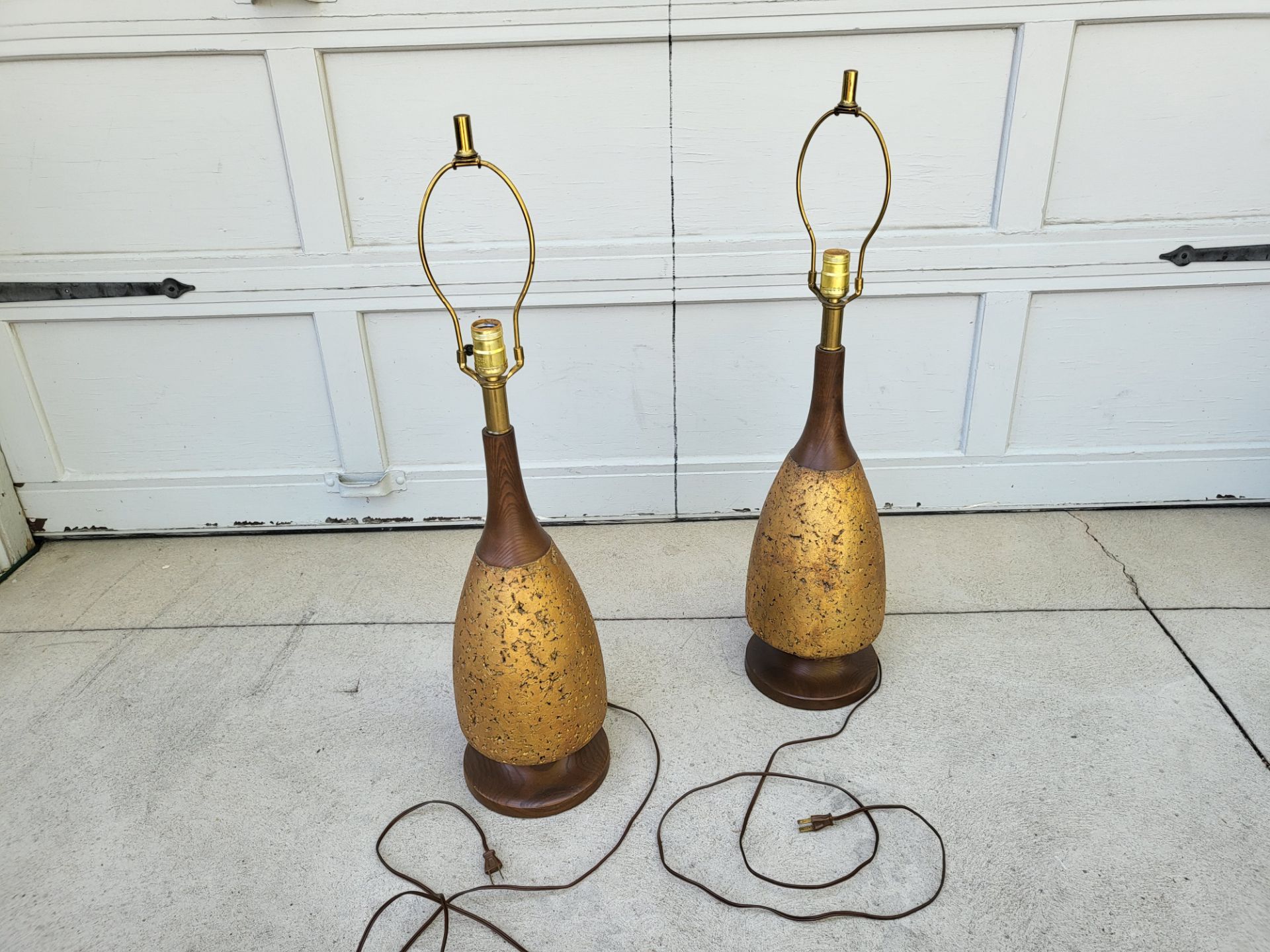 Vintage Mid Century Modern Gold Cork & Wood Table Lamp Pair