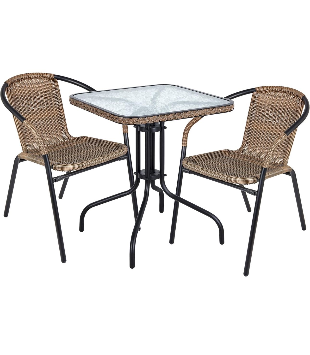 SET OF 3 Brown Indoor Outdoor 28" Tempered Glass Metal Trim + 2 Restaurant Stack, 2 Rattan Chairs with a Square Table Patio Porch Balcony Table Set