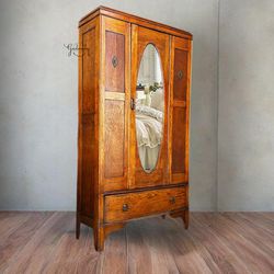 Vintage Tiger Oak Antique Armoire Cabinet Dresser Mirror 
