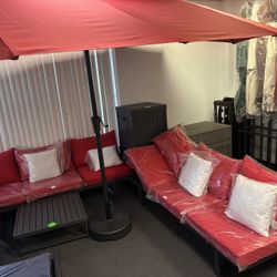 New 3-pc Aluminum Sofa Set In Red, Patio Conversation Seating Group 82.68"W x 28.35"'D x 27.56"'H Table: 27.56"L x 27.56"W x 11.81"H