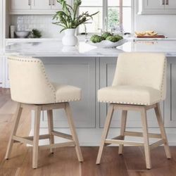 26 Inch Bar Stools Set of 2, Beige Swivel Counter Stools with Back, Linen Fabric Upholstered Barstoo