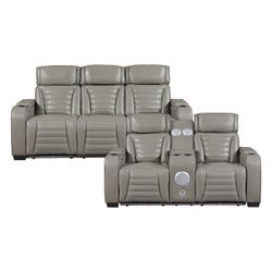 Brand new gray real leather LED power reclining sofa + loveseat with speakers, cup holders, speakers