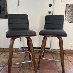 2 Wooden And Leather Swivel Bar Stools