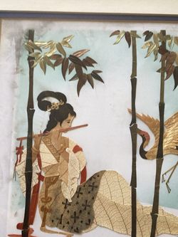 Framed Asian Pressed Leaf Art with Geisha and Crane