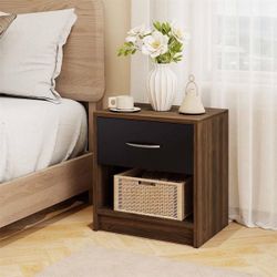 New Costway Modern Nightstand Bedside Table with Black Drawer & Open Storage Shelf - Walnut Brown