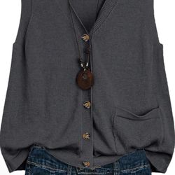 L size Women's Casual Lightweight V-Neck Button Up Real Pocket Cardigan Knitted Sweater Vest