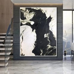 Large Black and White Abstract Painting: Textured Minimalist Wall Art (48” x 36”)