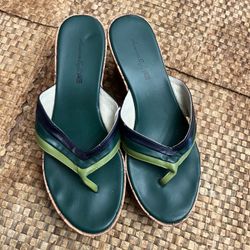 American Eagle Sandal In Green & Blue With Cork Wedge 