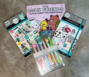 ✨Cute Stationery Bundle – Stickers, Planner Accessories, Coloring Book & Heart Pens