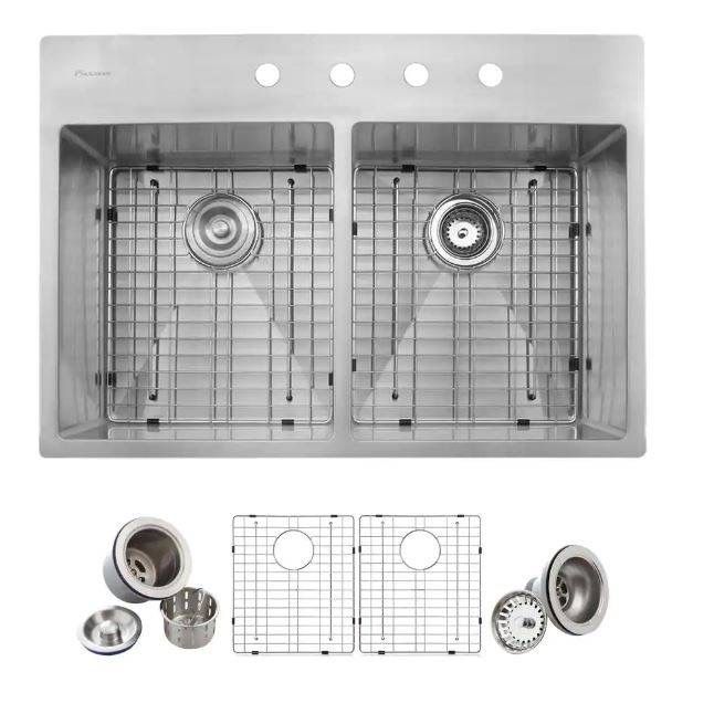Sink Glacier Bay Tight Radius Drop-in 16G Stainless Steel 33 in. 4-Hole 50/50 Double Bowl Kitchen Sink with Accessories