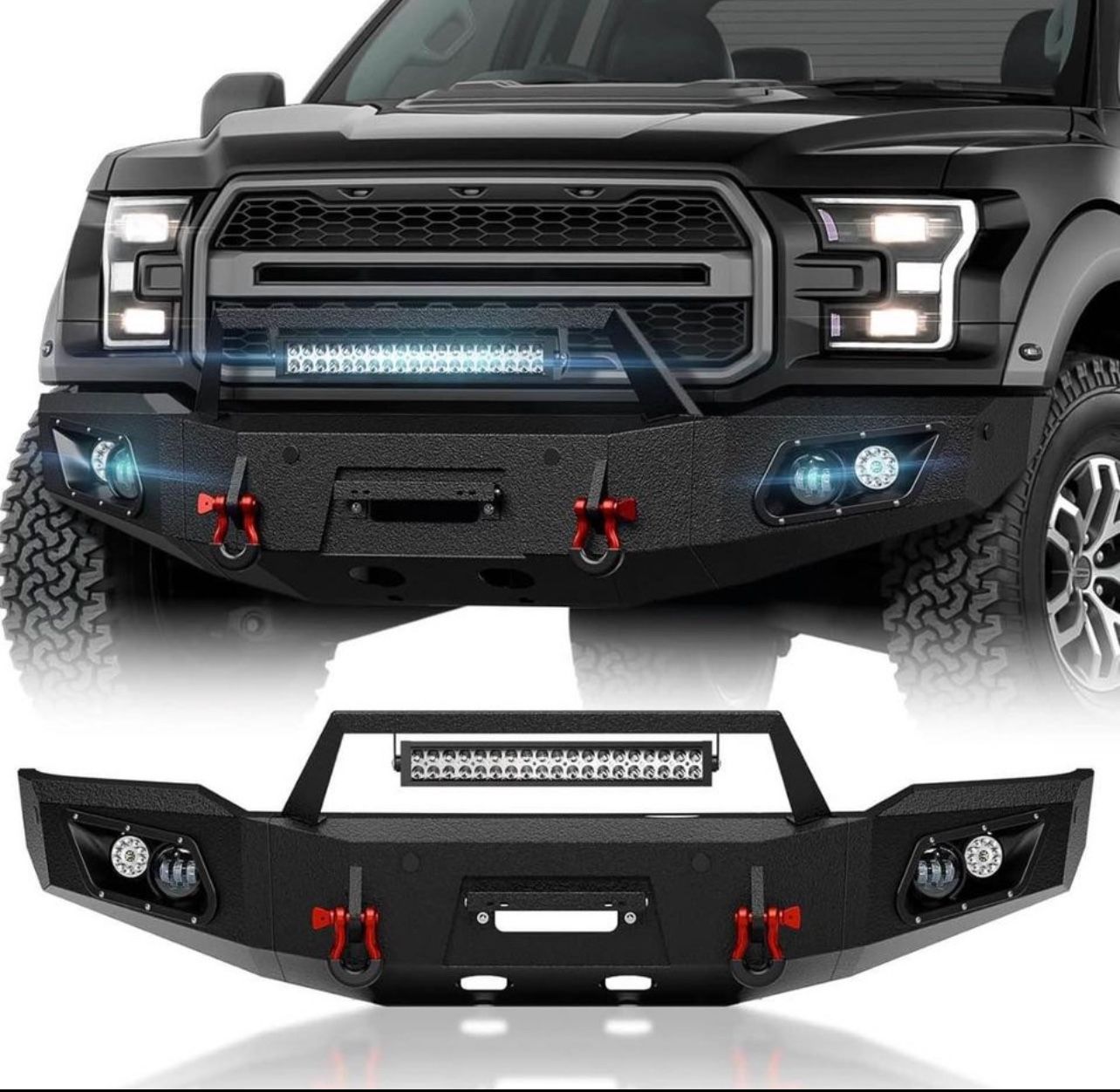 Front Bumper Compatible with 2018 2019 2020 Ford F150 (Excluding Raptor) Heavy Duty Pickup Truck Bumper with Winch Plate, Sensor Holes, 5 x LED Lights