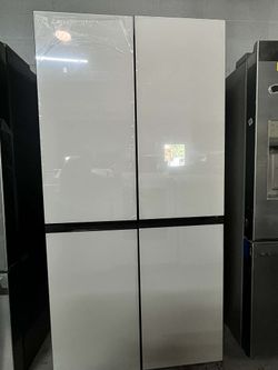 Bespoke 36 in. 29 cu. ft. Standard Depth 4-Door Flex French Door Refrigerator in White Glass with Beverage Center.