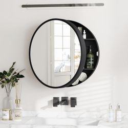 20” Round Bathroom Mirror Cabinet – Modern Black, Brand New 