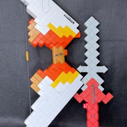 Two Minecraft Nerf Guns Motorized Blaster Bow & Heartstealer Sword Toy