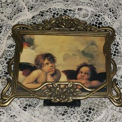VINTAGE ORNATE GOLD BRASS FLORAL FLOWER ROSE FRAME CHERUB ANGEL PICTURE ART DECOR DISPLAY 