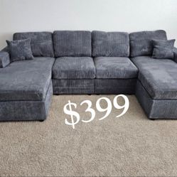 Elegant U Shaped Corduroy Sectional Sofa With 2 Accent Pillows Brand New ‼️