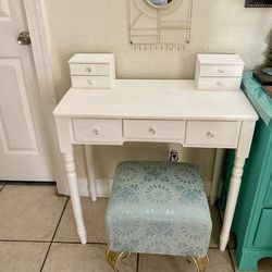 Wooden vanity and wall metal mirror and sturdy Ottoman