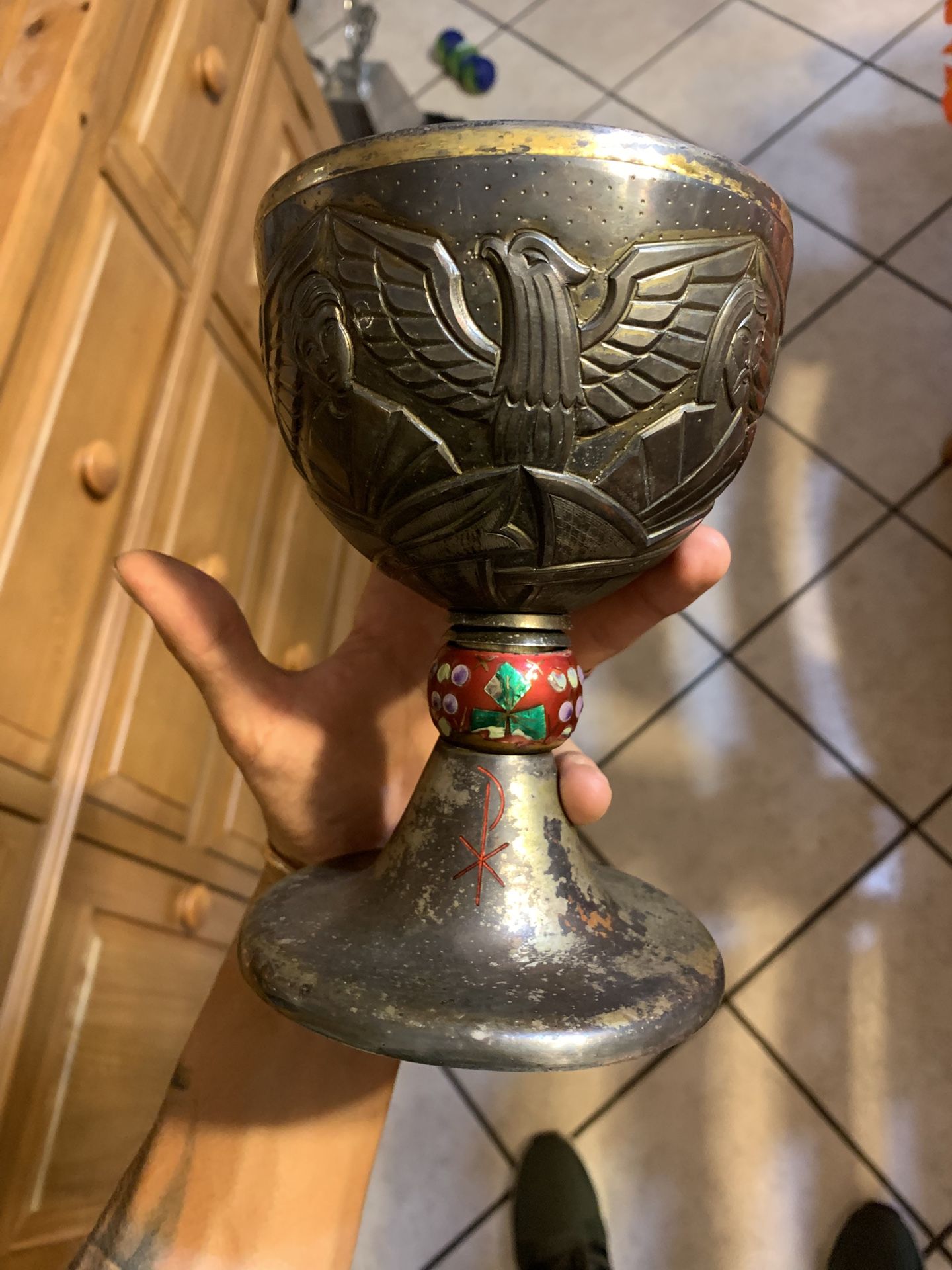 Inner Cup Sterling Engraved Chalice With Cloisonné Decor Handle