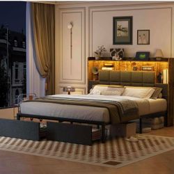 NEW - King Size Bed Frame with Bookcase Storage Drawers, LED Lights, Upholstered Platform Bed Frame with Headboard, Charging Station, Metal Slats Supp