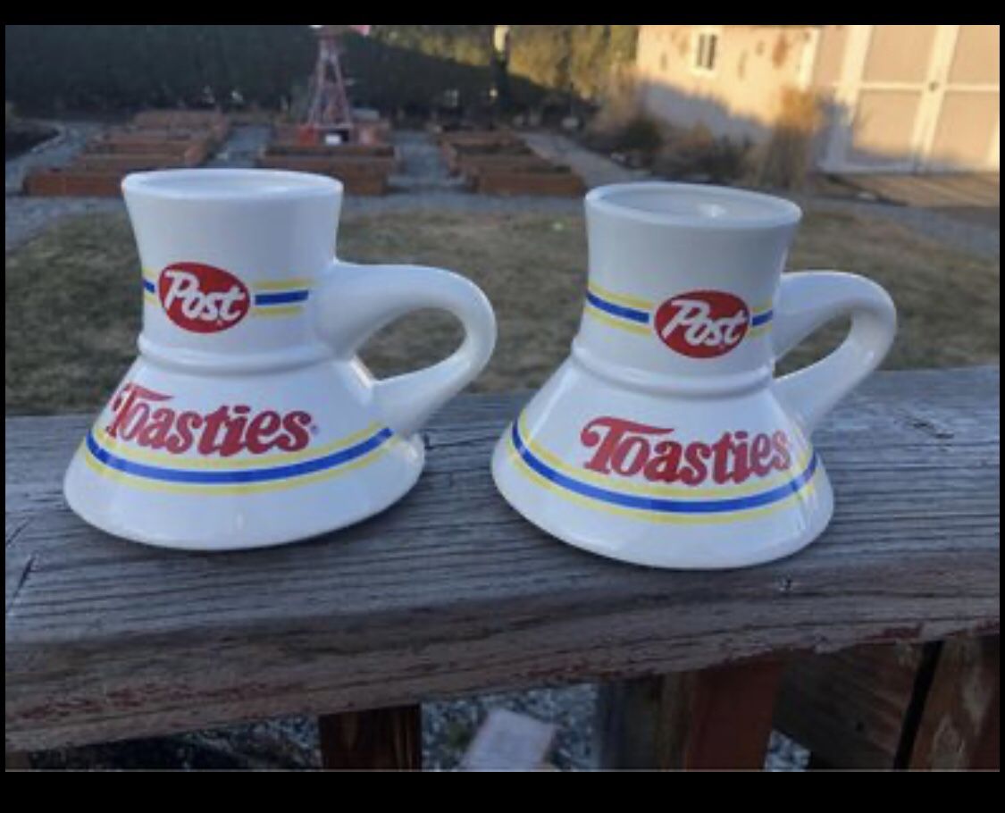 2 Vintage Post Toasties Travel Coffee Mug Cup Ceramic ~No Spill Non Slip Bottom