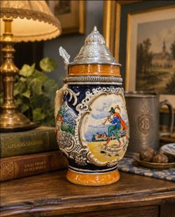 Vintage 1978 Ceramarte Pied Piper of Hamelin Beer Stein Brazil Pewter Lid