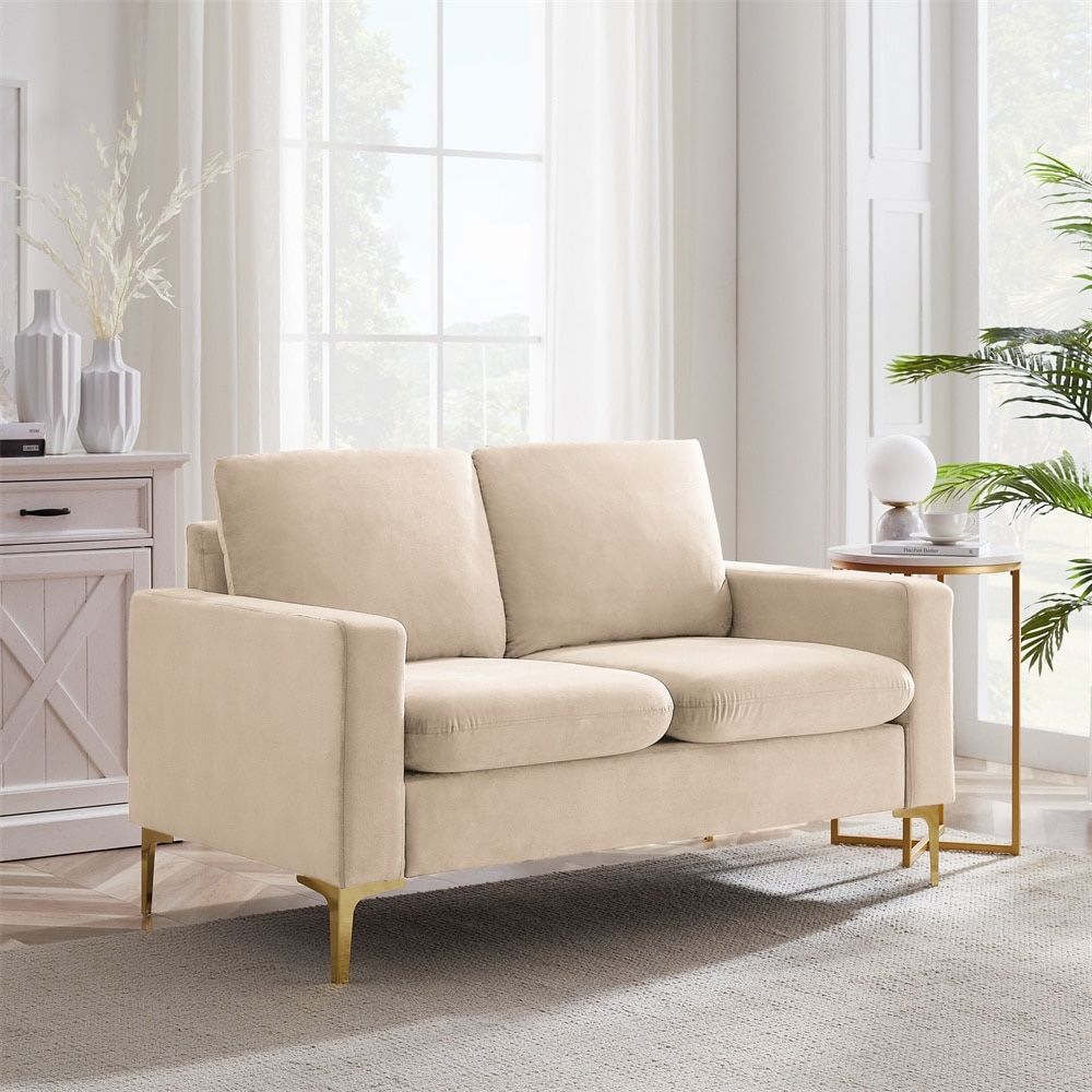 53” Velvet Loveseat With Gold Metal Legs Square Armrest Small Sofa Couch For Living Room (Beige)