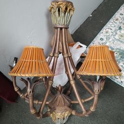 Six-Light Vintage Chandelier with Rattan Wood Shades