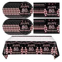 41Pcs 80th Birthday Decorations for Women, Vintage 80 Birthday Black and Rose Gold Disposable Paper Plates and Napkins Party Supplies for 20 Guests, 4
