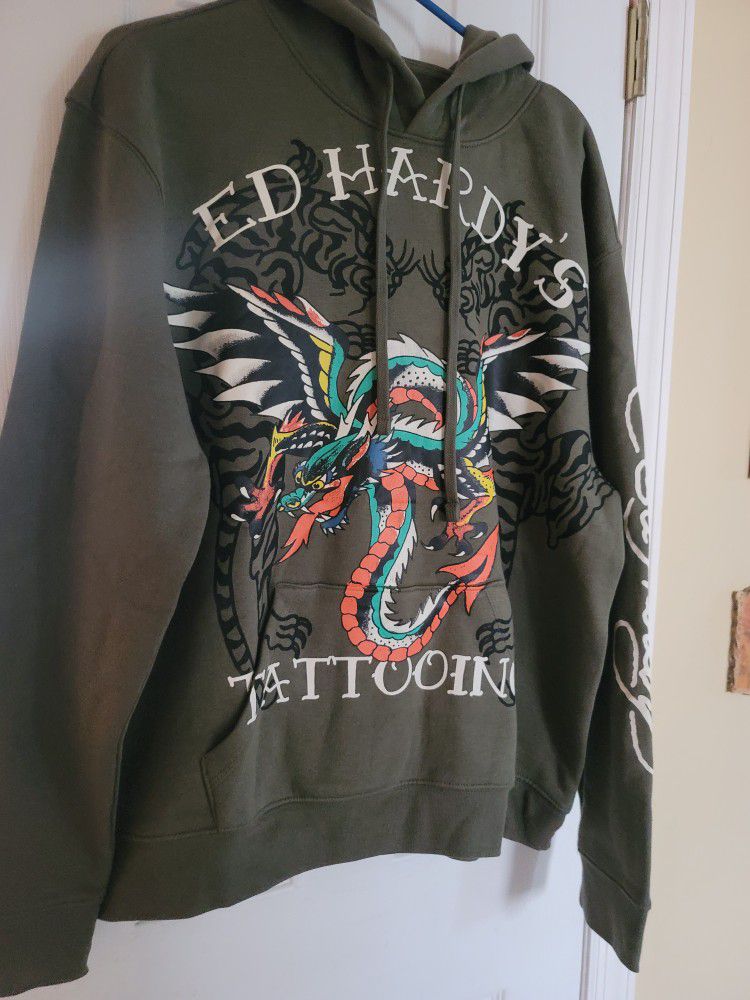 Ed Hardy Hoodie Men's Green Dragon Tiger Fleece Pullover Sweater New Size L